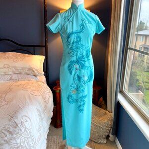 Gorgeous Turquoise Handmade Rhinestone Beaded Crystal Cheongsam Qipao Dress